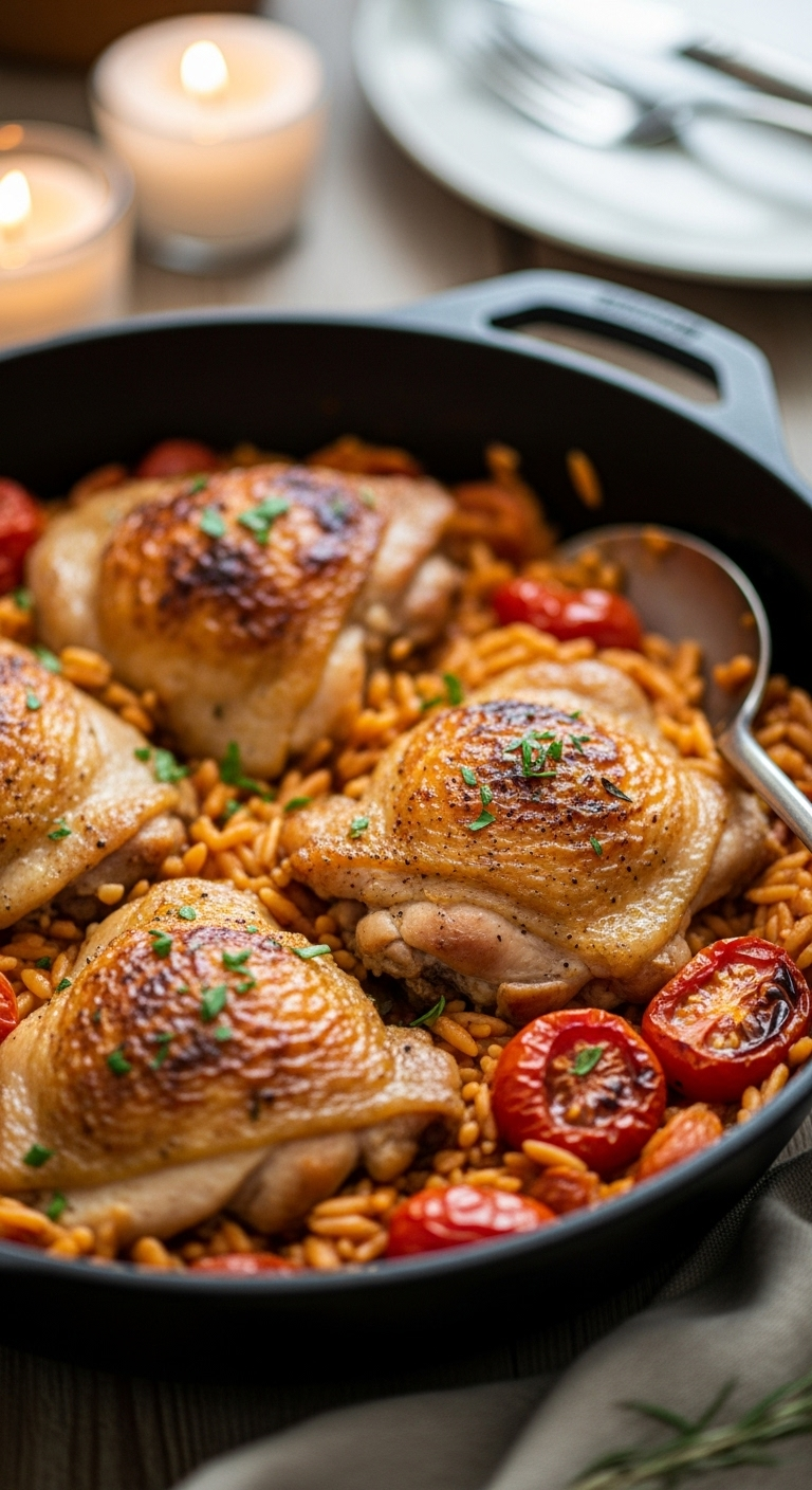 Close-up of skillet chicken with crispy golden skin nestled in orzo and blistered tomatoes, garnished with herbs in a rustic black cast-iron pan, captured in warm cozy light for a Mediterranean dinner recipe.