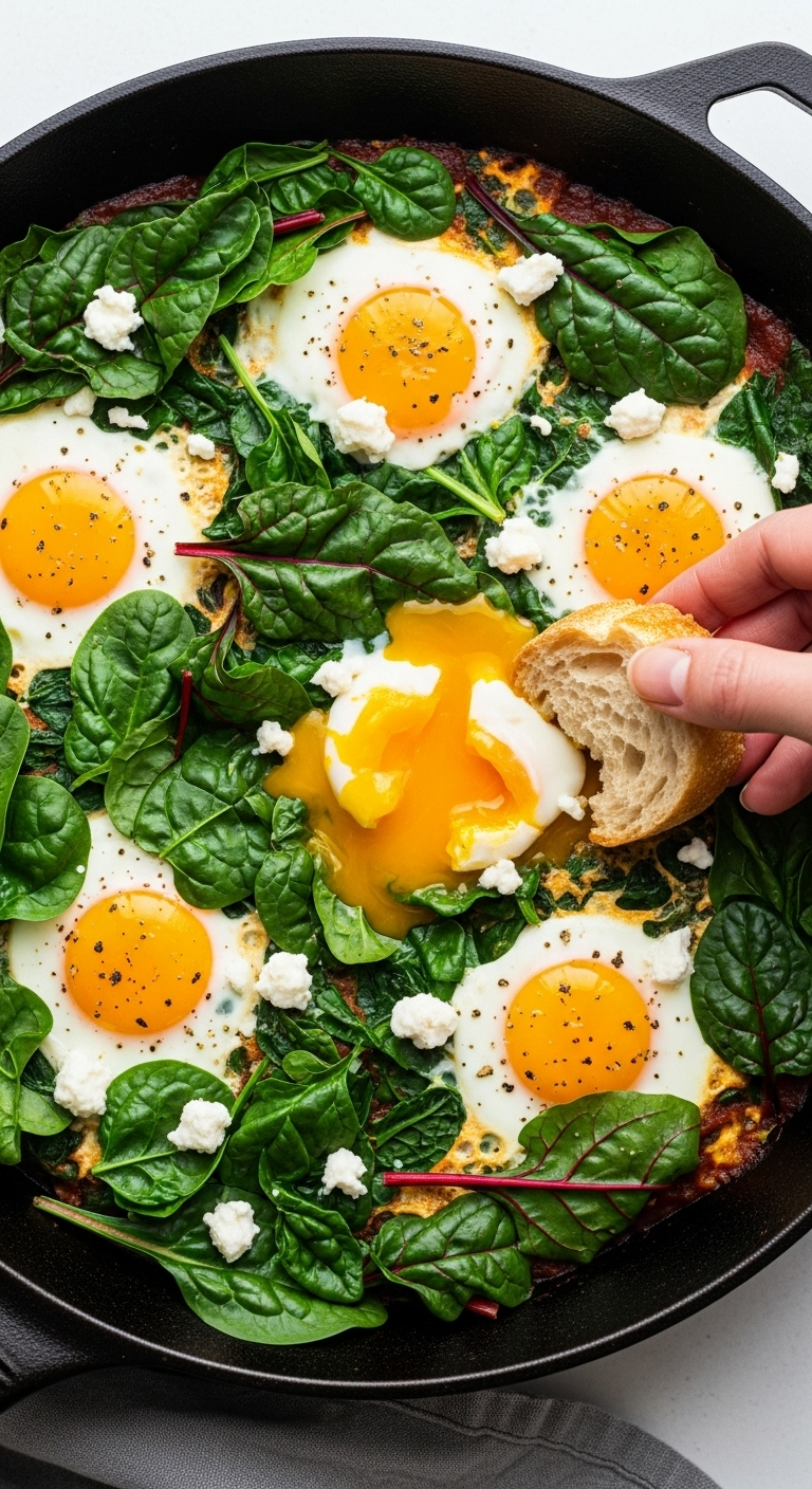 Top-down shot of vibrant green shakshuka in a cast-iron skillet with runny egg yolks, crumbled feta, and spinach, featuring a hand dipping crusty bread, illuminated by fresh, bright morning light.