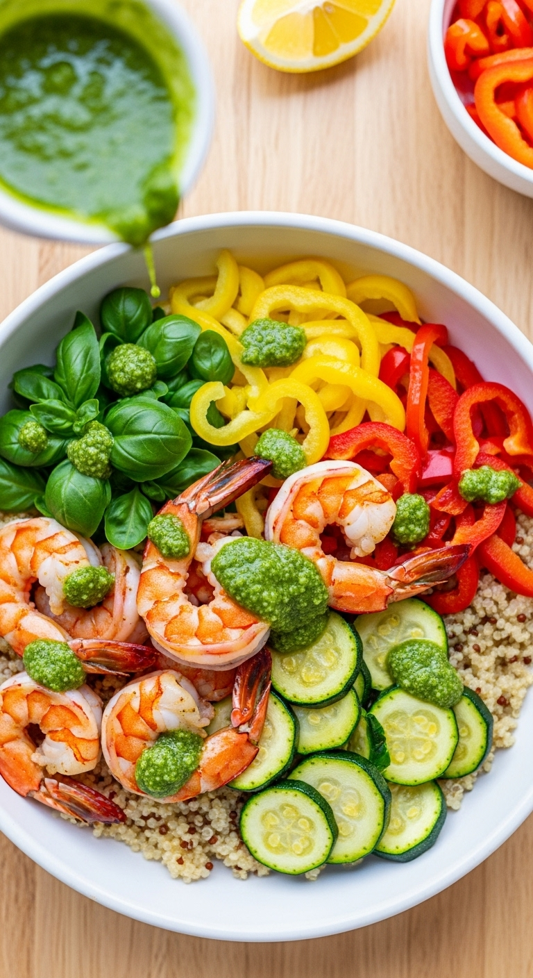 Overhead view of a charred shrimp, pesto, and quinoa bowl with red peppers, yellow zucchini, and a mid-air pesto drizzle, arranged artfully in a white bowl on a light wooden surface with bright natural lighting for a Mediterranean dinner recipe.