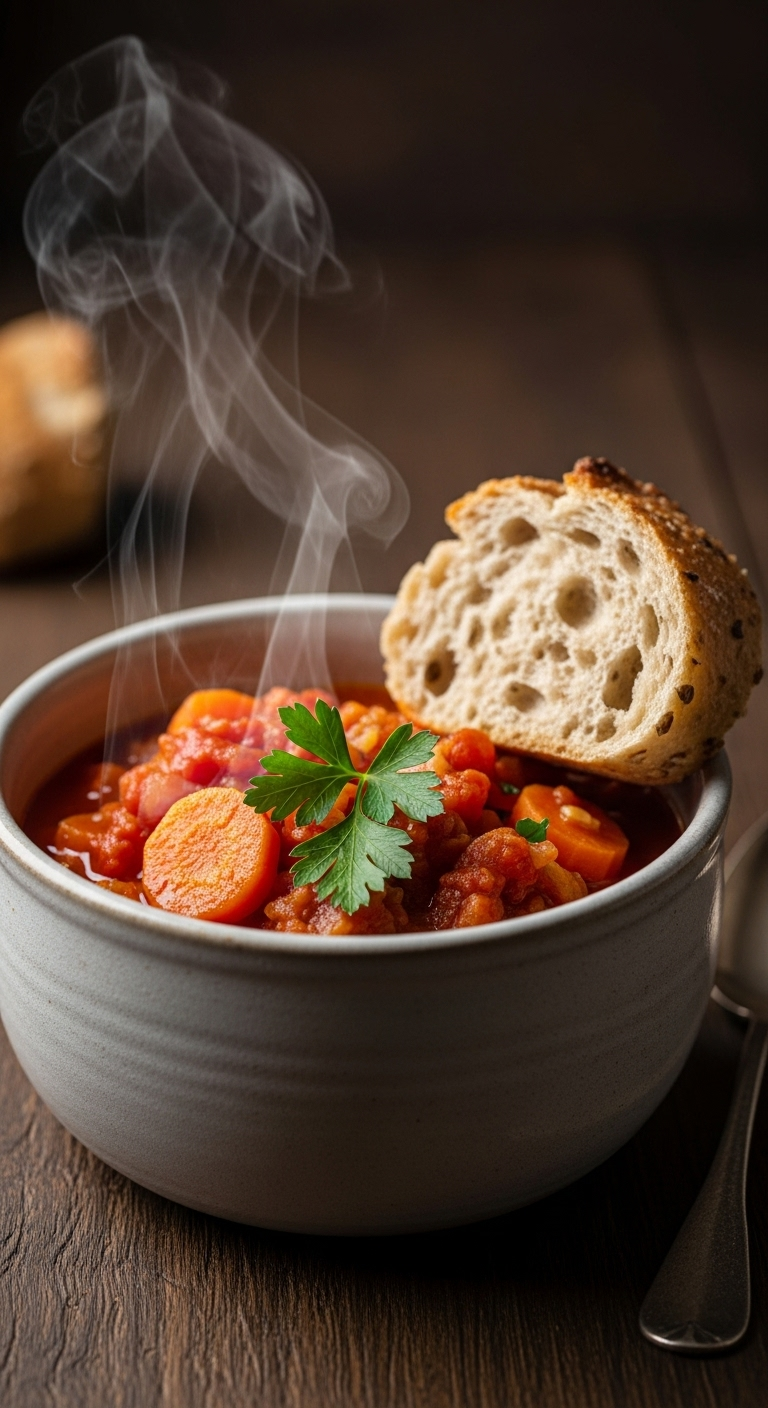 Close-up of a steaming bowl of slow-cooker Mediterranean stew with carrots and tomato broth, garnished with fresh parsley and served with crusty whole-grain bread on a rustic wooden table in warm, cozy lighting.