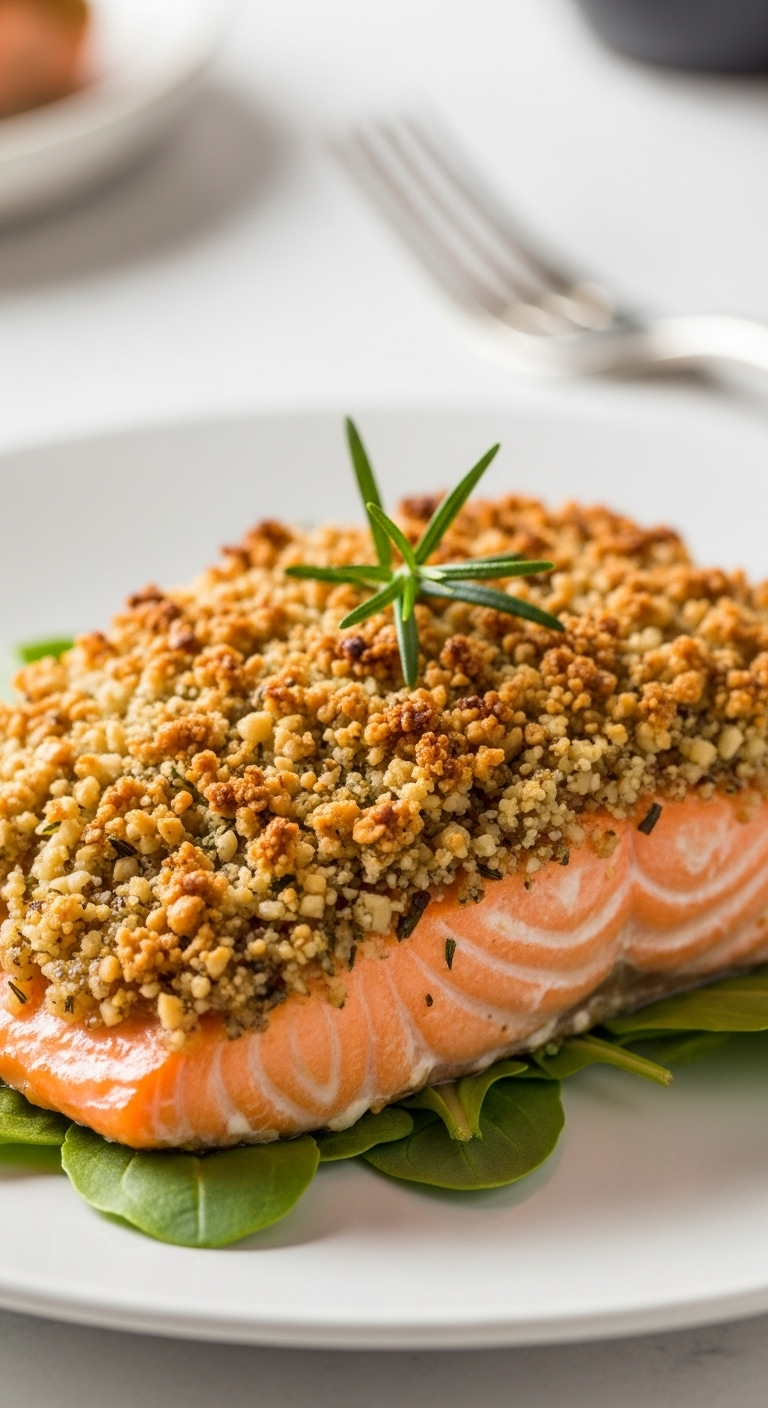 Close-up of walnut-rosemary crusted salmon fillet with a golden, textured crust, garnished with a rosemary sprig and served on a bed of greens on a white plate, captured in elegant, warm lighting for a Mediterranean dinner recipe.