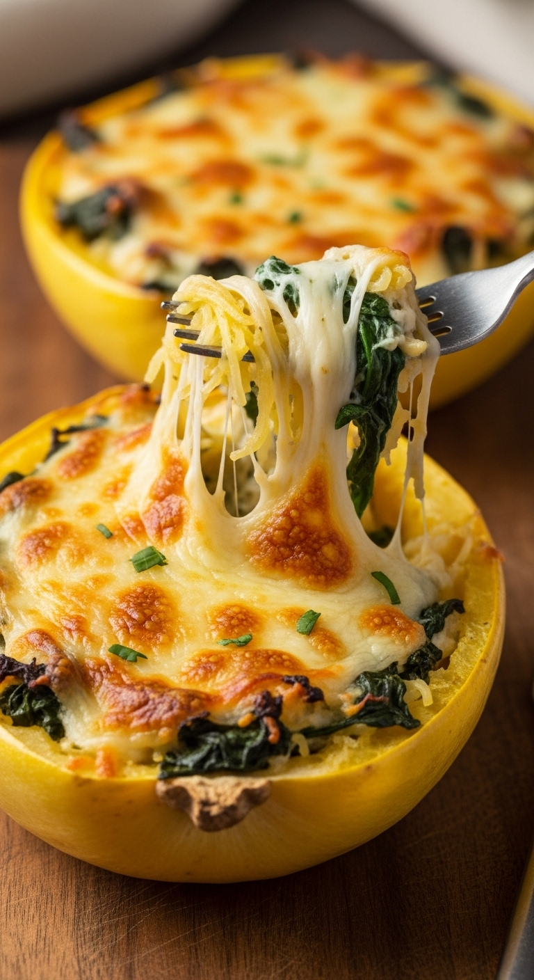 Close-up of cheesy spinach-and-artichoke stuffed spaghetti squash with a golden melted top and a fork lifting a gooey cheese pull, set on a rustic wooden board in warm, cozy lighting for a Mediterranean dinner recipe.