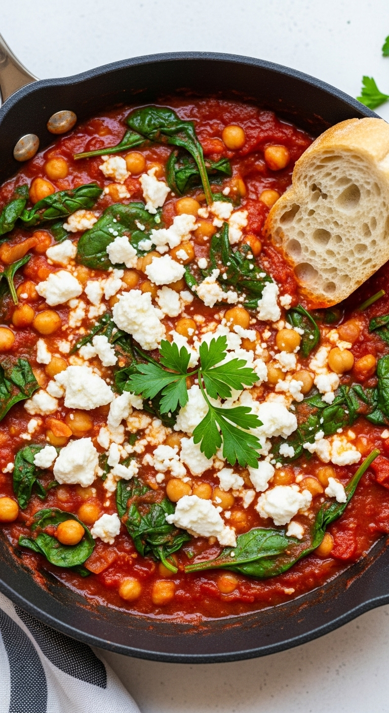 Overhead shot of a Mediterranean chickpea skillet with rich tomato sauce, wilted spinach, crumbled feta, and fresh parsley garnish, with crusty bread dipping into the pan under bright natural lighting for a rustic dinner scene.