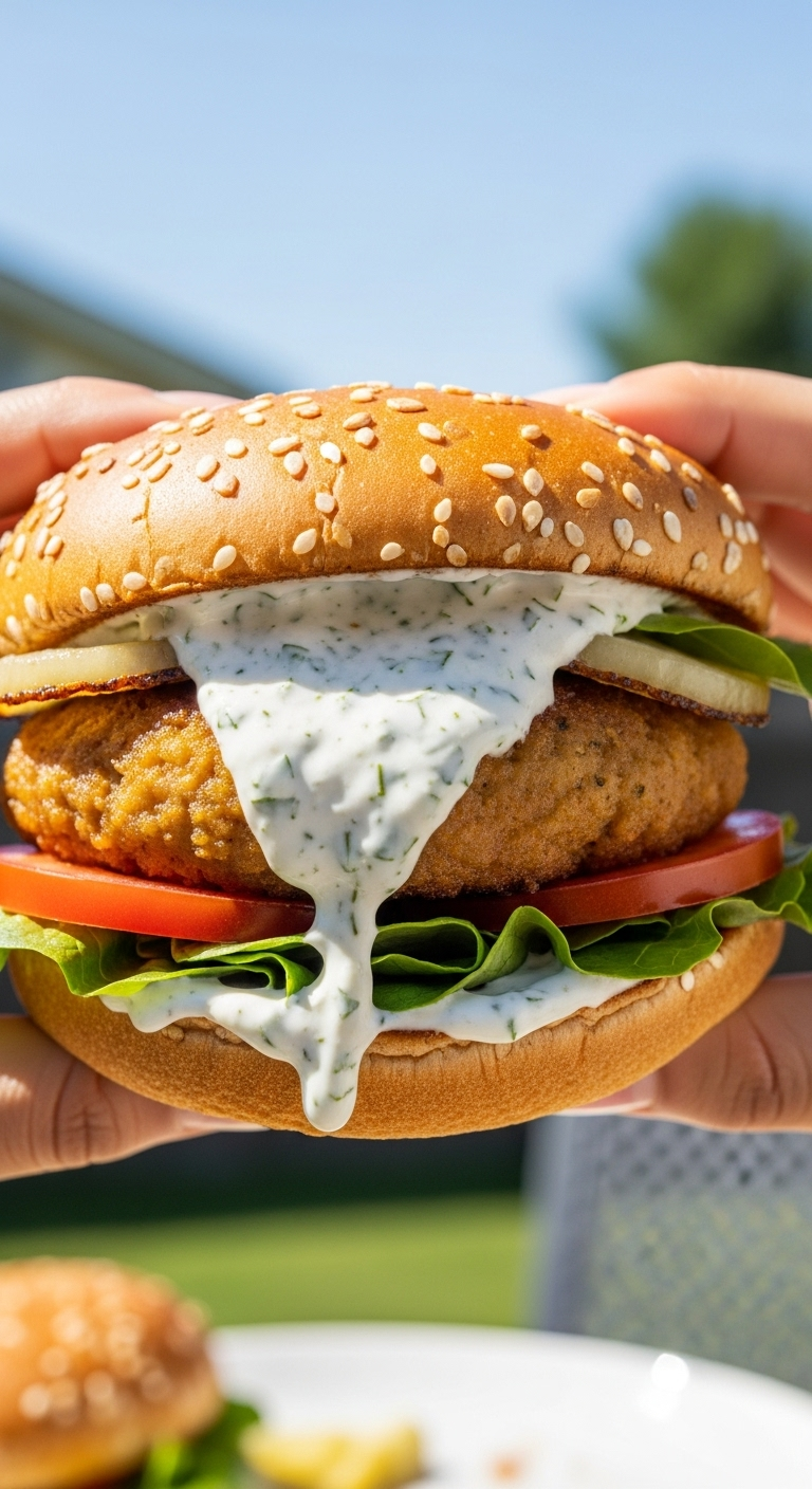 Close-up of a juicy Greek-inspired burger with herb-feta sauce dripping down the patty, layered with lettuce and tomato on a whole wheat bun, held in hands against a sunny, blurred backyard backdrop for a Mediterranean BBQ vibe.