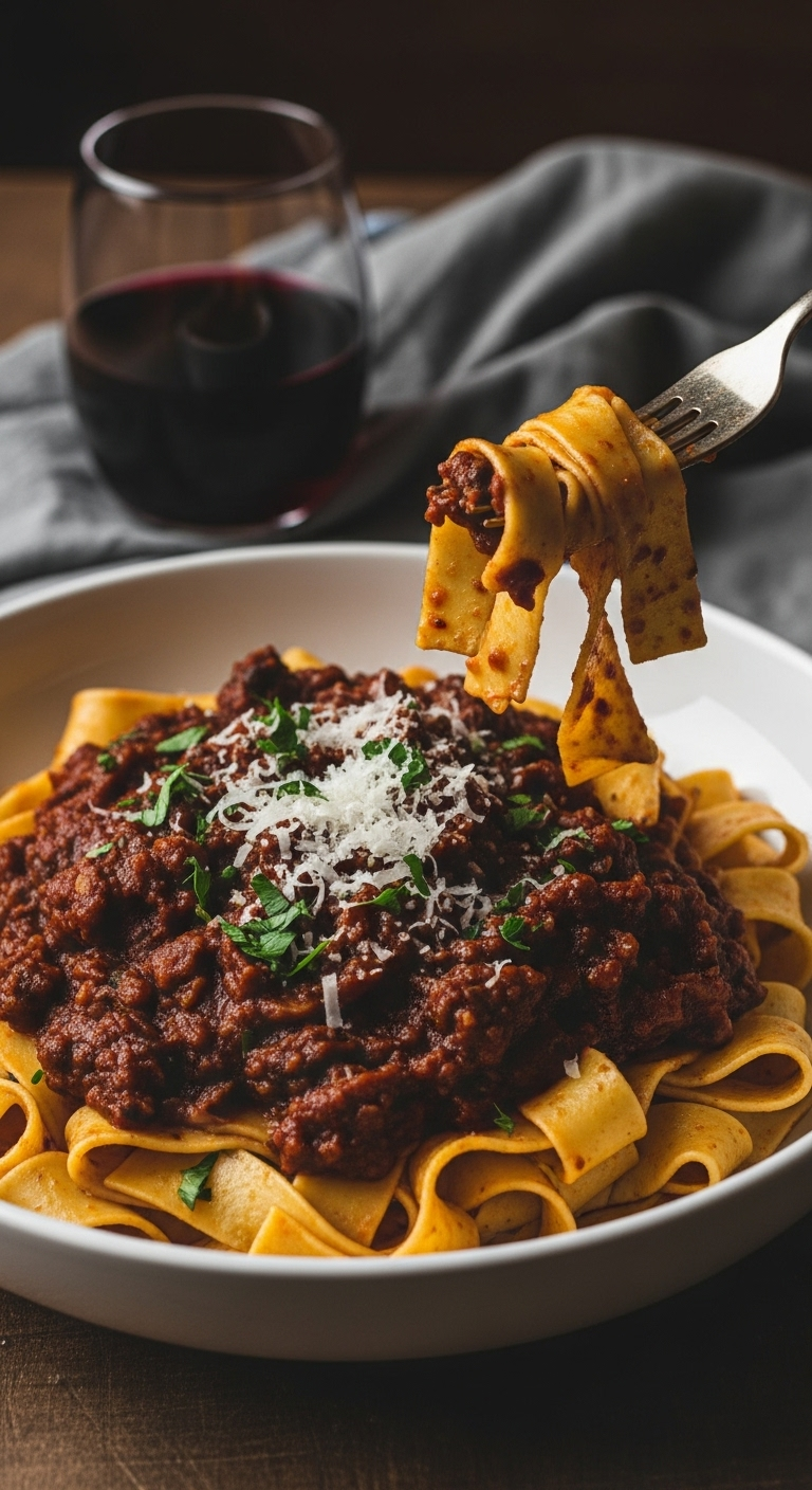 Warm, rustic bowl of pappardelle pasta coated in hearty mushroom ragu, topped with Parmesan and parsley, with a fork twirling noodles and a glass of red wine blurred in the moody background.
