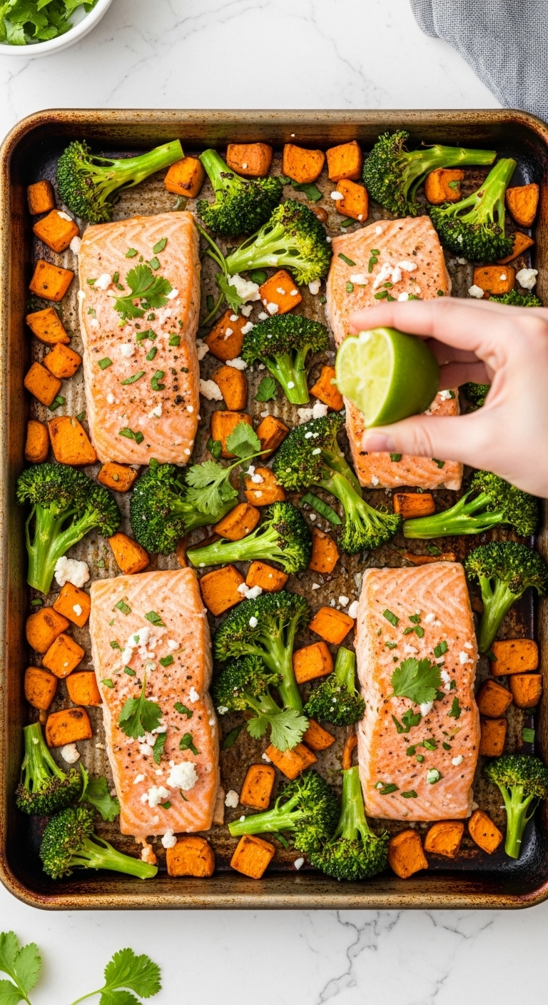 Overhead view of sheet-pan salmon with roasted sweet potatoes and broccoli, topped with cheese and cilantro, as a hand squeezes lime over the dish, captured in bright natural light for a Mediterranean diet dinner recipe.