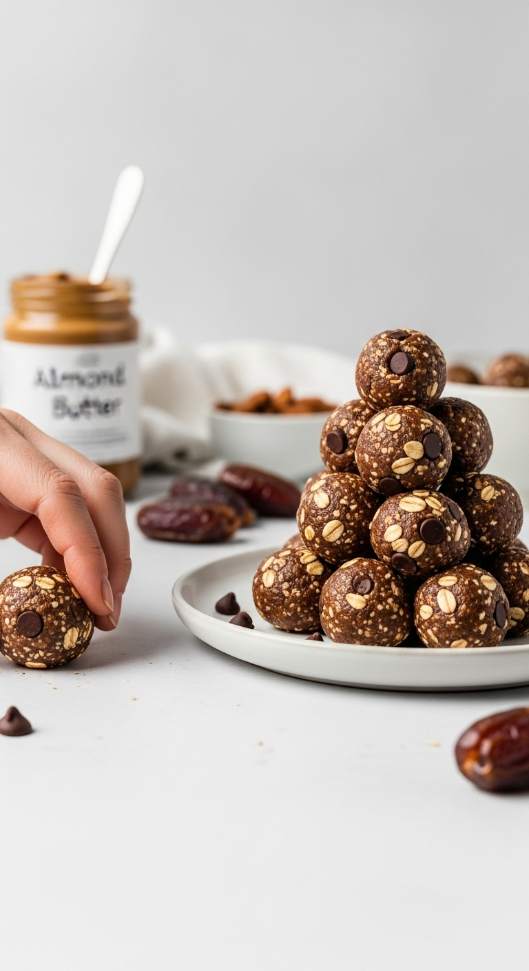 Photorealistic close-up of a hand rolling a chocolate energy ball, with a stack of finished energy balls on a minimalist ceramic plate, showcasing their texture of oats and chocolate chips, with almond butter and dates scattered in the background.