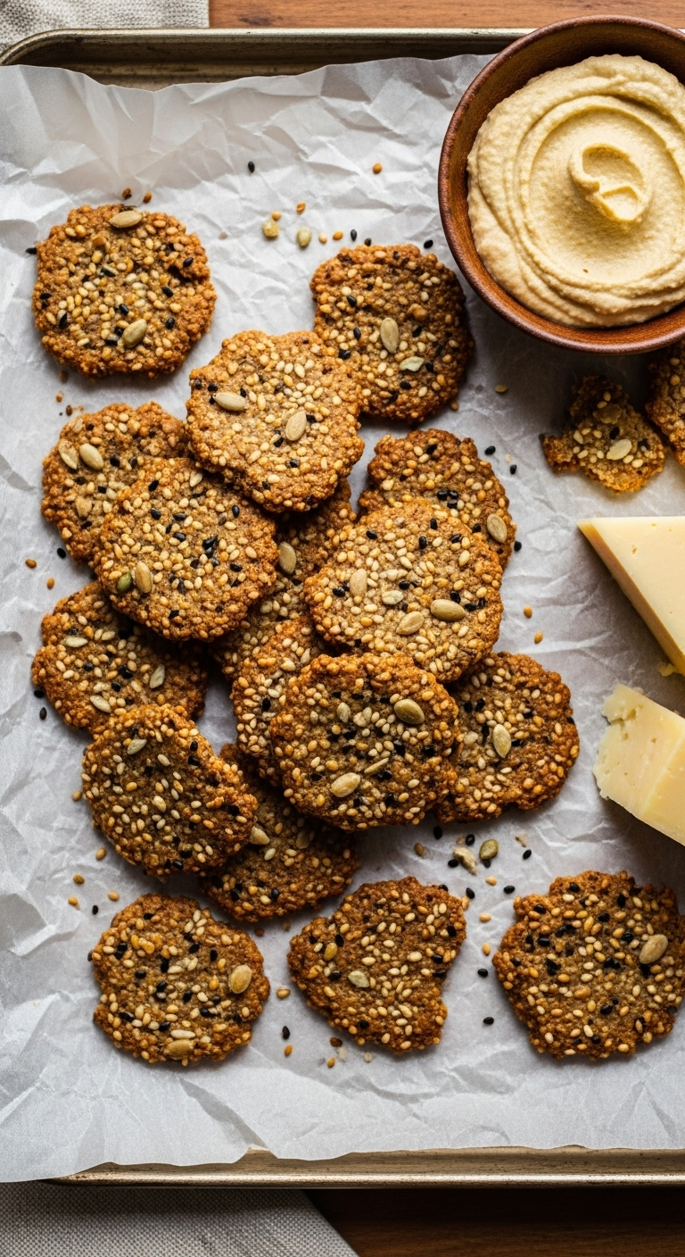 Photorealistic overhead shot of rustic homemade crackers studded with seeds, arranged on crumpled parchment paper, with a small bowl of hummus and a wedge of cheese nearby, set in warm, natural light.