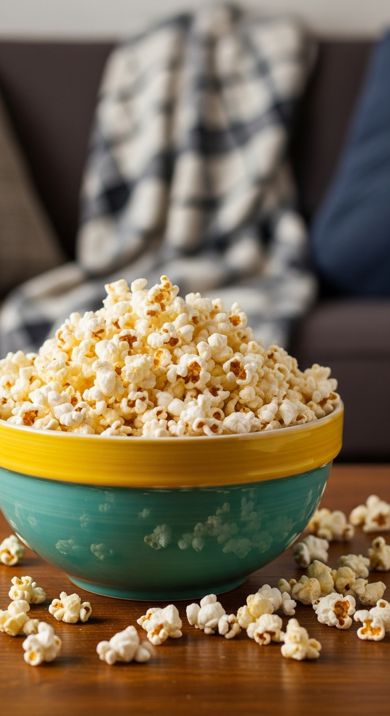 Photorealistic close-up of a large bowl overflowing with fluffy, buttery stovetop popcorn, spilling onto a wooden table, set against a cozy, warm background with a draped blanket, evoking a movie night atmosphere.