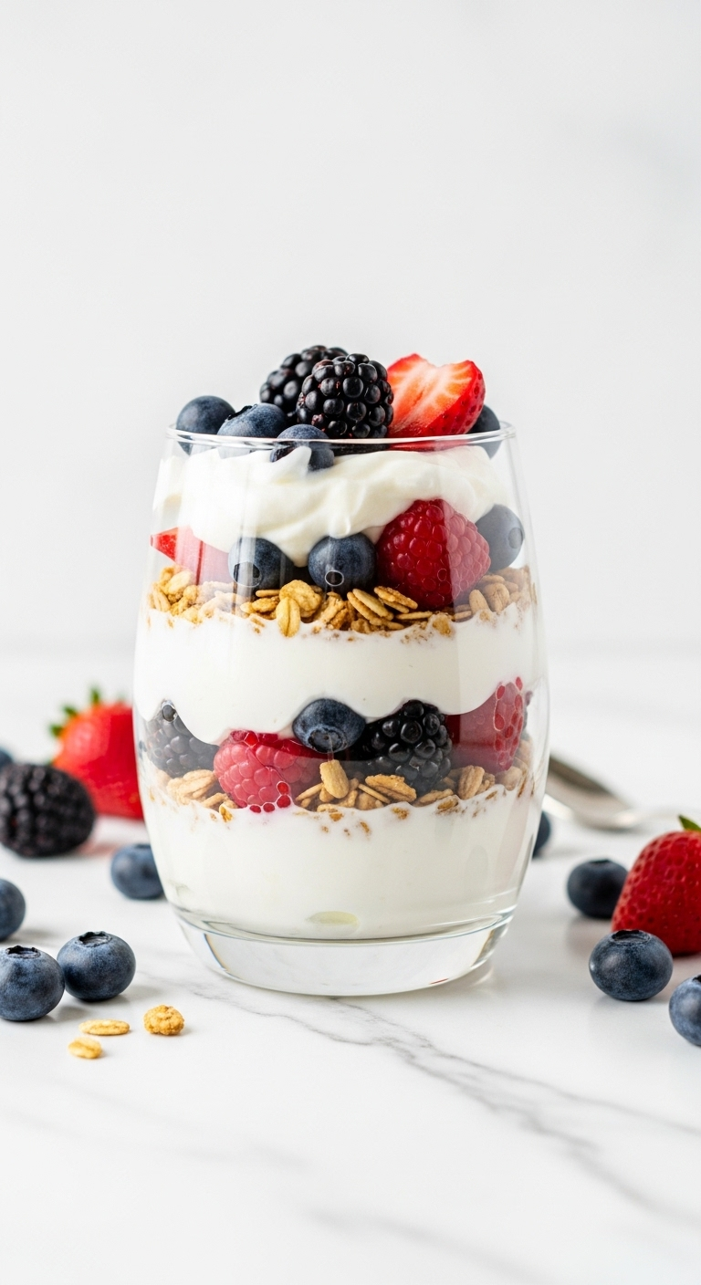 Photorealistic close-up of a vibrant fruit and yogurt parfait with layers of creamy Greek yogurt, mixed berries, and granola, set on a white marble countertop with scattered berries around it.