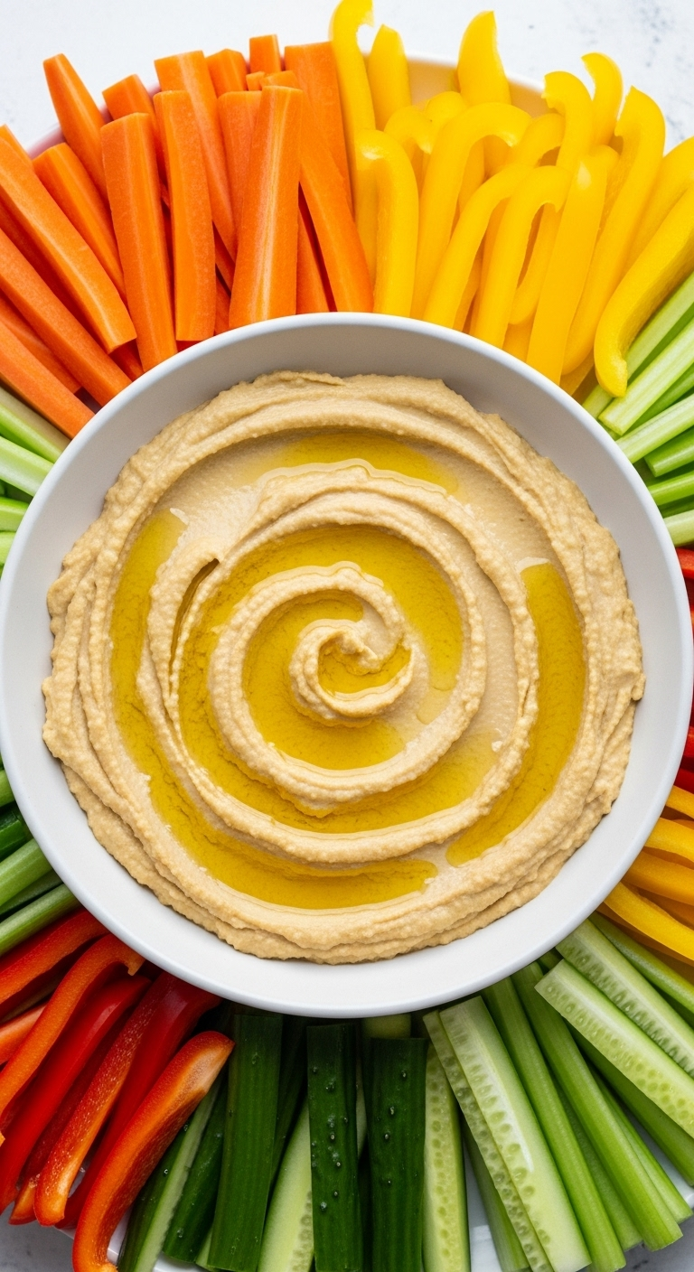 Photorealistic image of a wide ceramic bowl filled with creamy hummus, drizzled with golden olive oil, surrounded by vibrant rainbow vegetable sticks—carrots, bell peppers, cucumbers, and celery—ready for dipping, set in fresh, natural light.