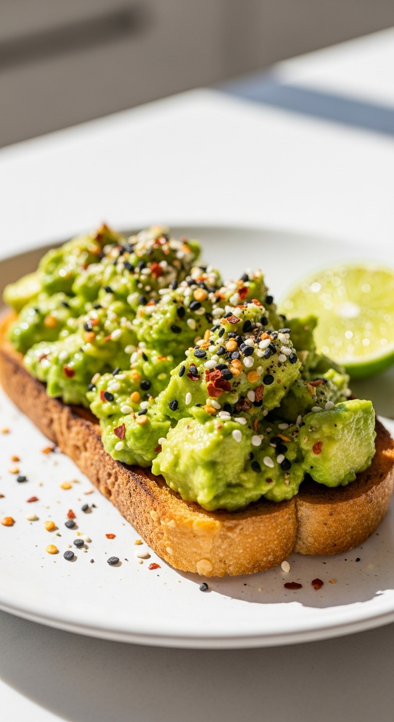 Photorealistic close-up of a slice of artisan sourdough avocado toast topped with chunky avocado, red pepper flakes, and everything bagel seasoning, with a lime wedge on the side, set against a sunny, fresh cafe-style background.