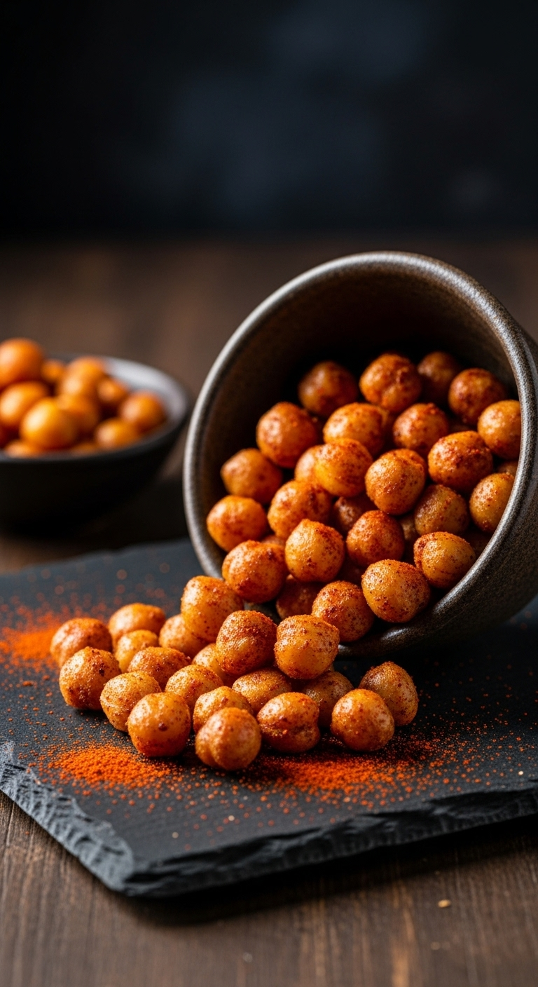 Photorealistic close-up of crispy roasted chickpeas spilling out of a small rustic bowl onto a dark slate surface, with visible seasoning and loose spice powder scattered around, set against a warm, rustic background.