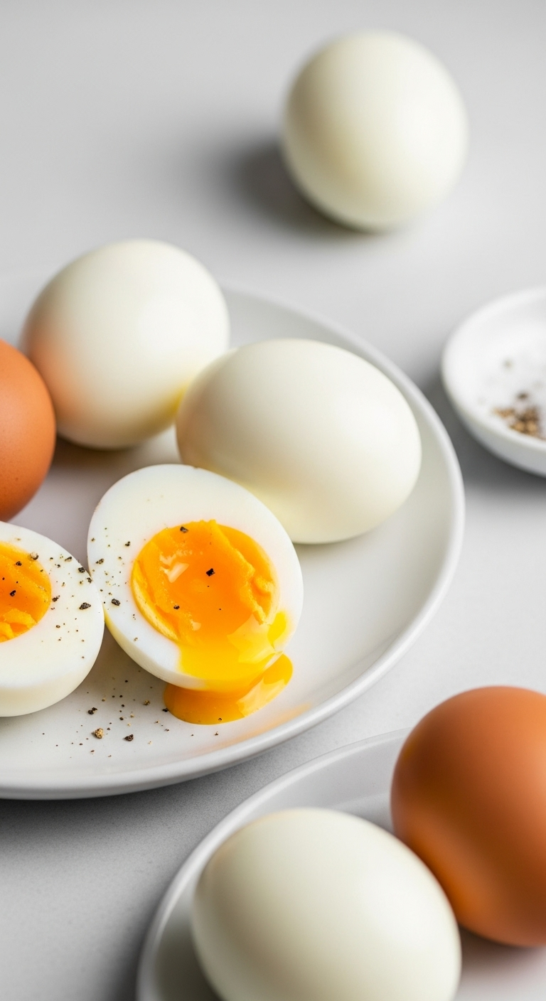 Photorealistic image of perfectly peeled hard-boiled eggs arranged on a white plate, with one egg sliced in half to reveal a bright yellow yolk, accompanied by a small dish of flaky salt and pepper, set in bright, natural light.