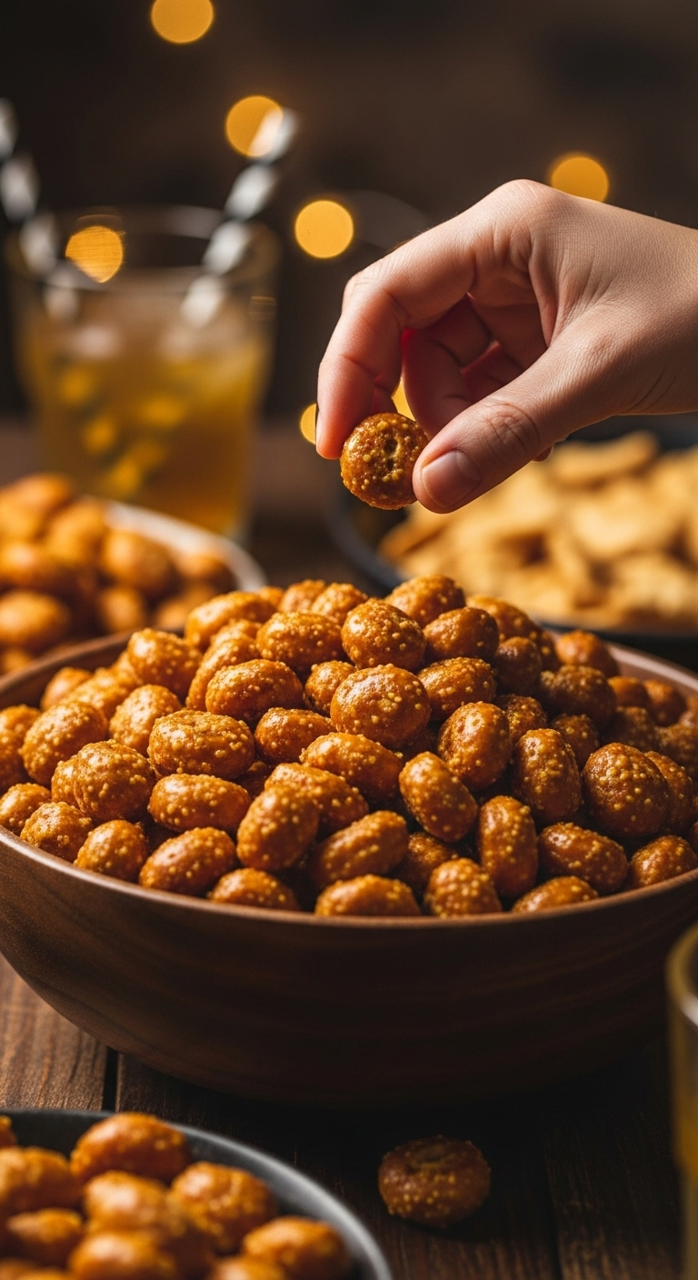 Photorealistic image of a large bowl filled with golden-brown mustard pretzel nuggets, with a hand reaching in to grab a handful, set against a warm, inviting background suggesting a party or game day atmosphere.