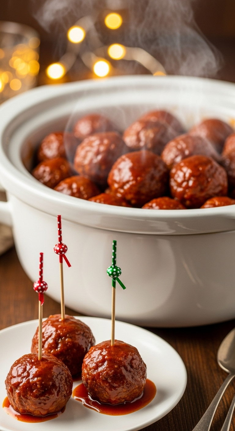 Photorealistic close-up of a white ceramic bowl filled with glossy, sauce-covered party meatballs, with a few on a plate adorned with decorative toothpicks, surrounded by warm, inviting lighting and steam rising from the dish.
