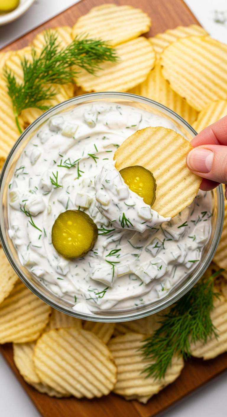 Photorealistic top-down shot of a glass bowl filled with creamy dill pickle dip, with chunks of pickle and fresh dill, accompanied by a hand dipping a ridged potato chip, set on a wooden board with extra chips and fresh dill sprigs.