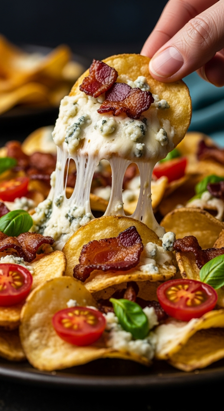 Photorealistic close-up action shot of loaded potato chips with a satisfying cheese pull, showcasing melted blue cheese, crispy bacon bits, and fresh tomatoes, set against a dark, moody background.