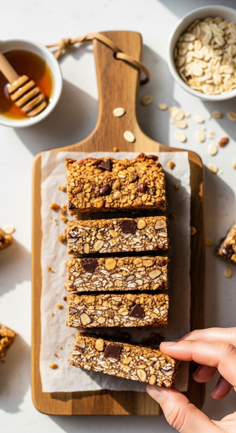 Photorealistic overhead shot of freshly cut homemade granola bars on a wooden cutting board, showcasing their chewy texture with oats, nuts, and dark chocolate chunks, with a hand holding one bar and a small bowl of honey in the background.