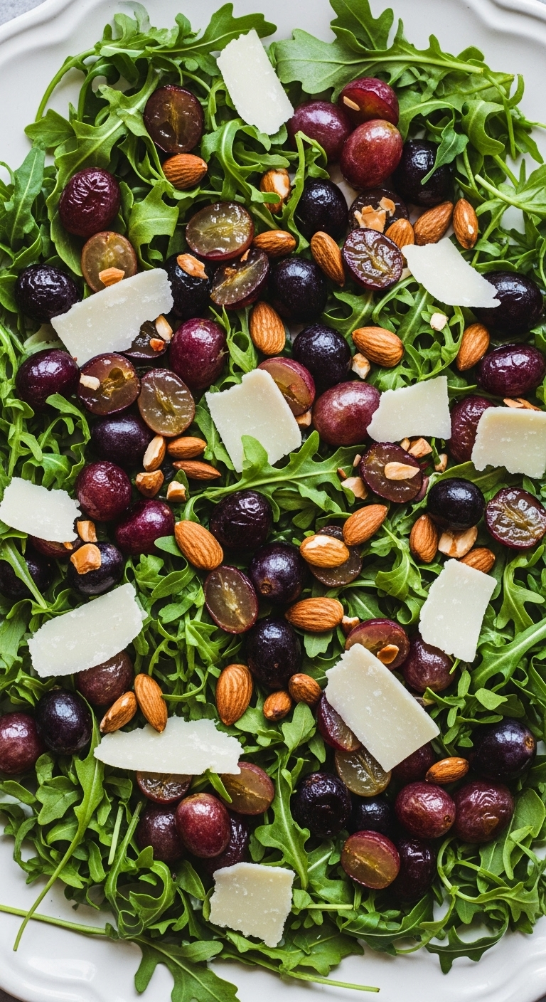 Top-down view of an arugula salad with roasted grapes, toasted almonds, and Parmesan shavings on a white platter, captured in warm, rustic lighting.