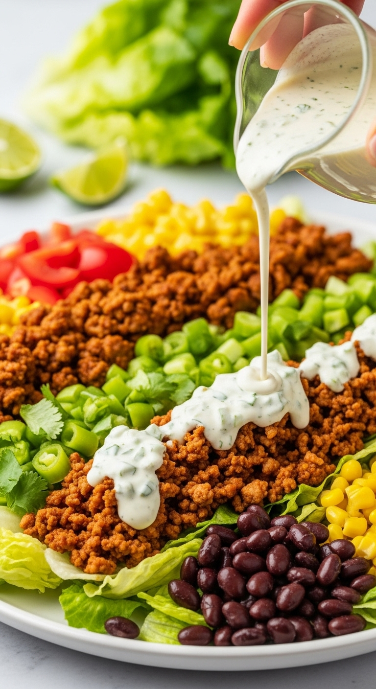 Colorful deconstructed taco salad with seasoned ground meat, black beans, corn, tomatoes on lettuce, topped with creamy cilantro-lime dressing being drizzled in bright festive lighting.
