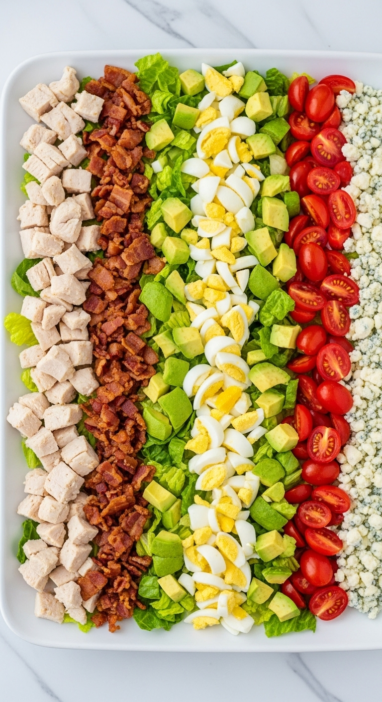 Top-down view of a rectangular platter with neatly arranged Cobb salad featuring diced chicken, bacon, chopped egg, avocado, tomatoes, blue cheese, and lettuce in a clean diner-style setting.