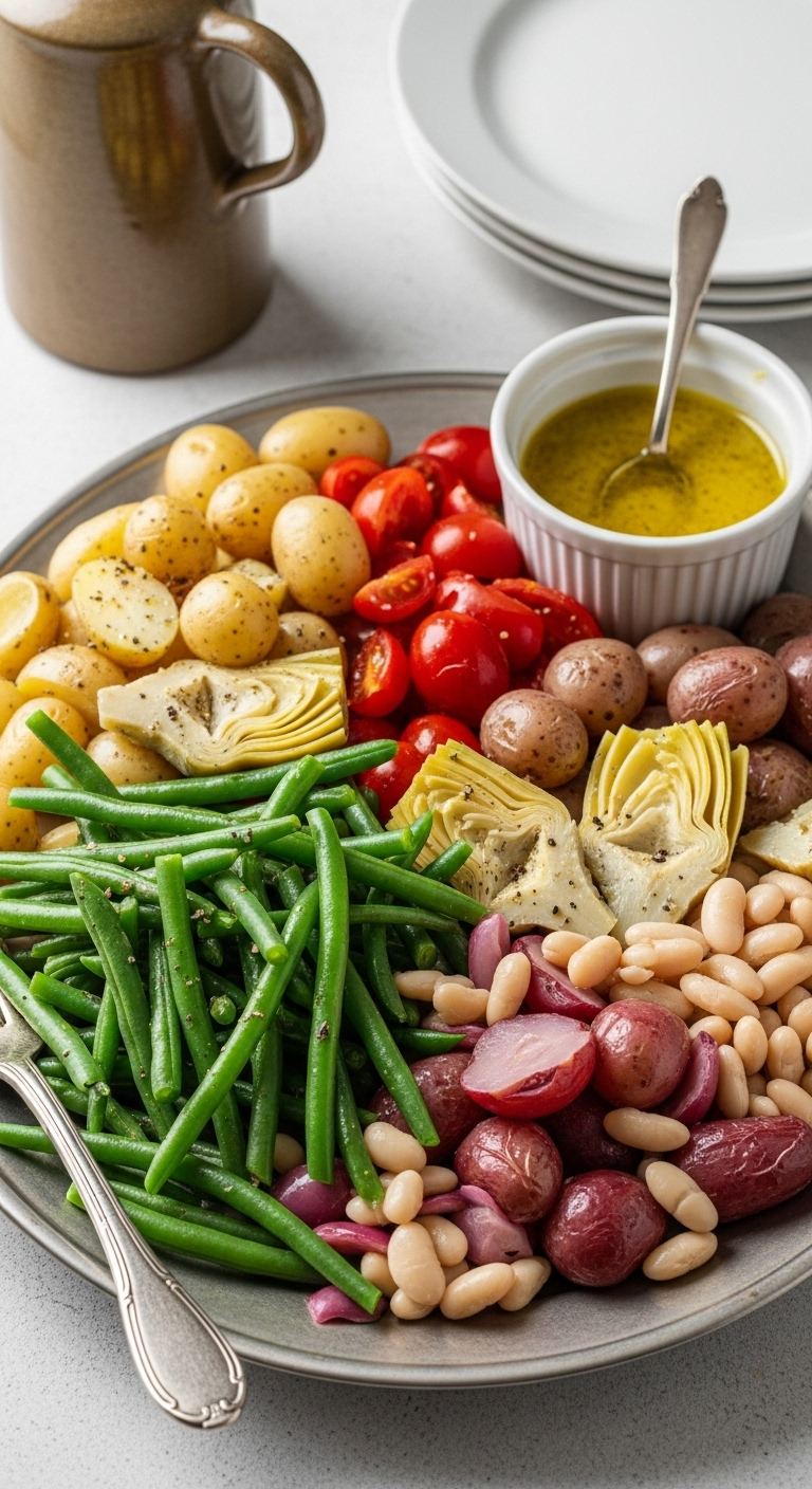 Rustic vegetarian Niçoise salad with green beans, new potatoes, artichoke hearts, and white beans on a platter with Dijon vinaigrette, bathed in soft natural French countryside light.