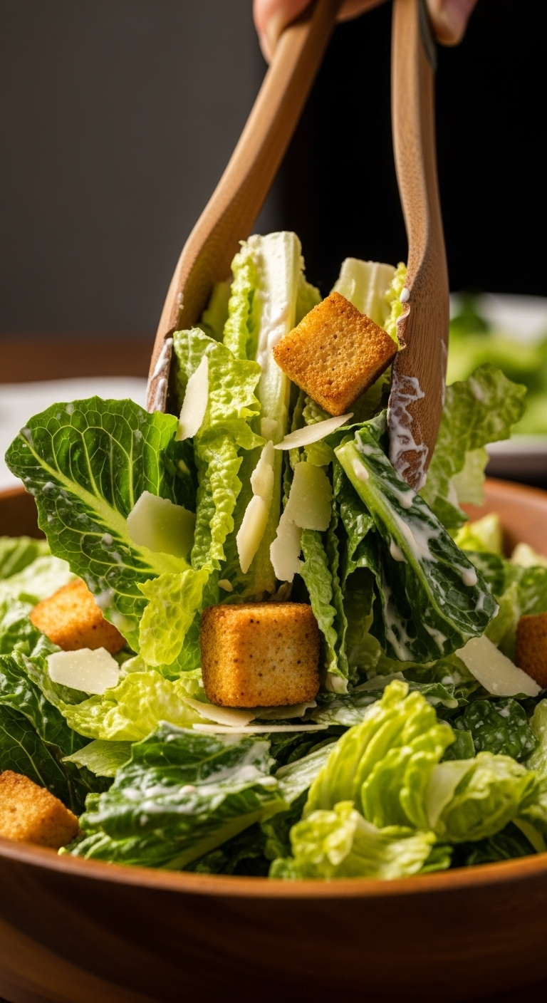 Close-up of wooden tongs tossing crisp romaine lettuce with golden croutons, creamy Caesar dressing, and Parmesan flakes in a wooden bowl under dramatic restaurant-style lighting.