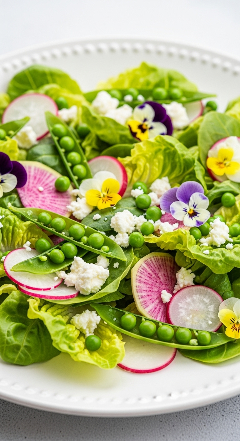 Deconstructed spring salad with tender greens, peas, radish slices, crumbled feta, and edible flowers arranged on a white platter in bright morning light.