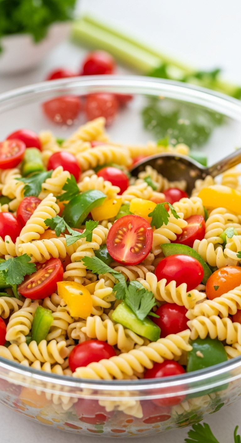 Colorful pasta salad with rotini, cherry tomatoes, green bell peppers, and fresh parsley in a glass bowl with a serving spoon, captured in vibrant, sunny picnic lighting.