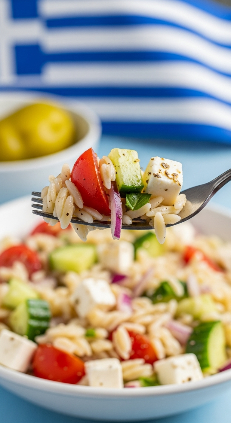 Close-up of a forkful of Greek orzo salad with tomato, cucumber, and feta, with a sunlit bowl of salad in the Mediterranean-inspired background.