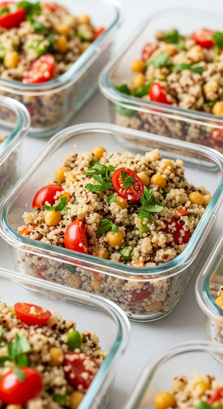 Meal-prep glass containers filled with vibrant Mediterranean quinoa salad featuring quinoa, chickpeas, tomatoes, and parsley, highlighted in bright natural light.