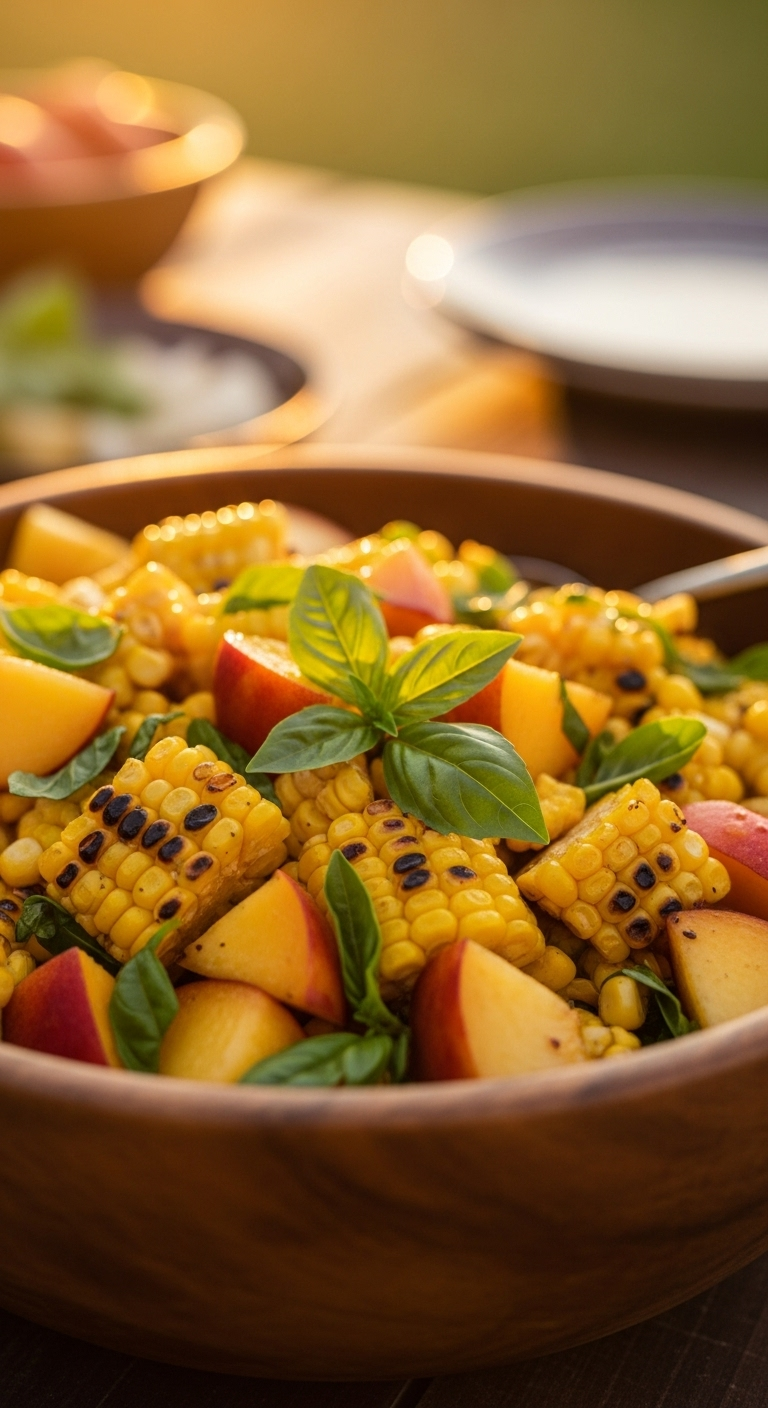 Rustic wooden bowl of corn salad with charred corn kernels, juicy peach chunks, and fresh basil in warm golden hour light at an outdoor picnic.