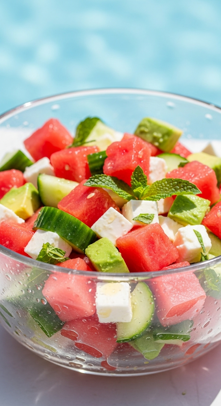 Close-up of vibrant watermelon salad with cubes of watermelon, cucumber, avocado, feta, and mint in a clear glass bowl on a bright sunny poolside patio.