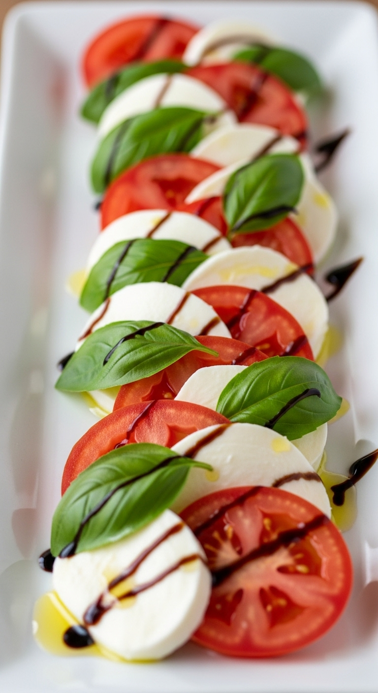 Rustic Italian platter of layered red tomato slices, creamy mozzarella, and fresh basil drizzled with balsamic glaze and olive oil in warm soft light.