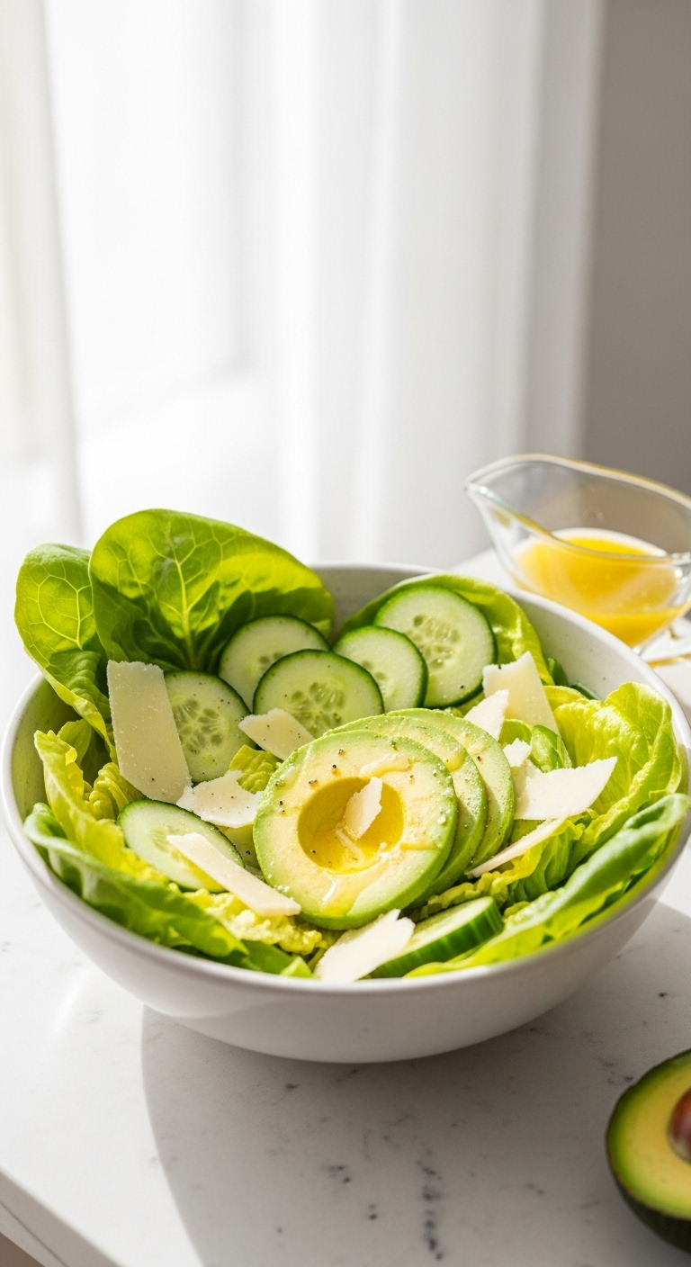 Fresh butter lettuce salad with cucumber, avocado, and Parmesan in a ceramic bowl, accompanied by a glass cruet of lemon vinaigrette, set in bright natural light.