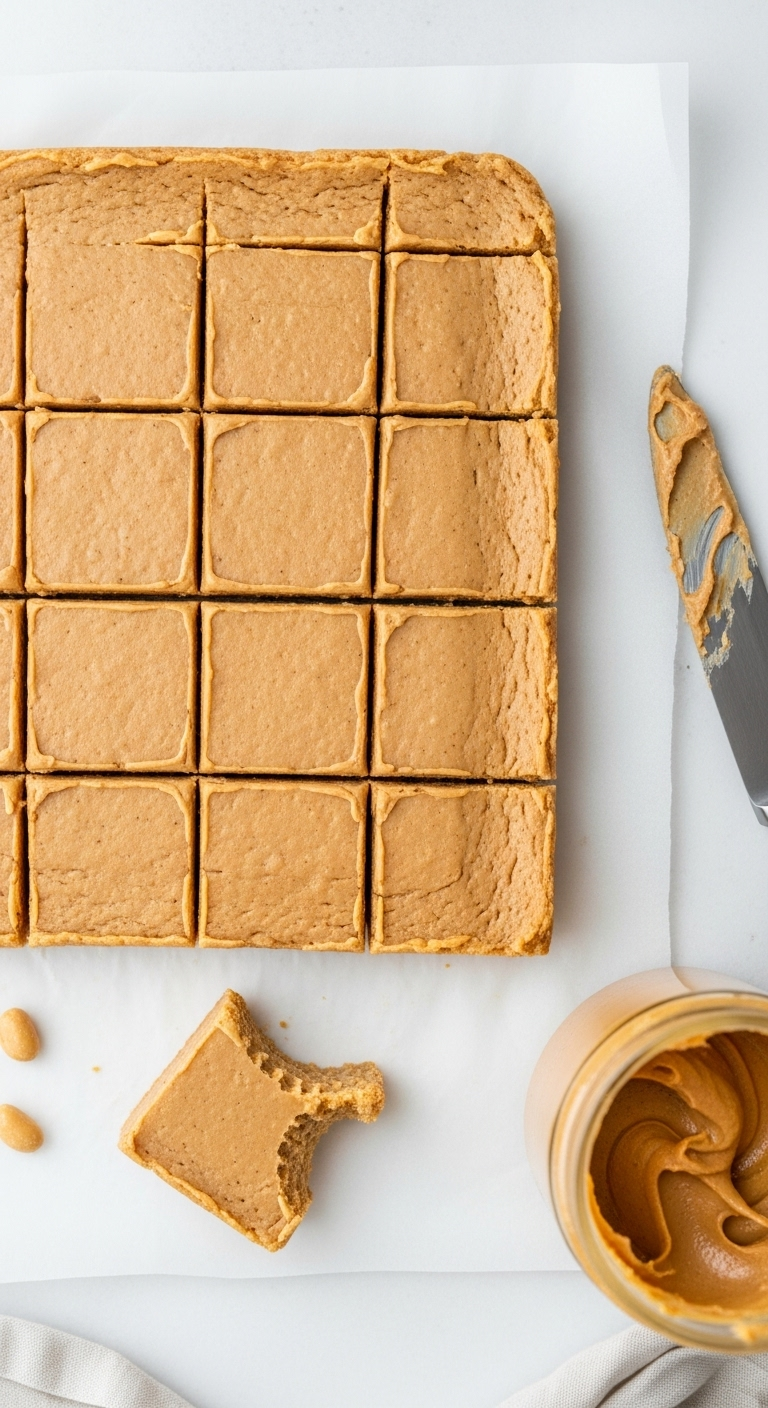 2-ingredient peanut butter fudge squares with bite taken out and jar of peanut butter