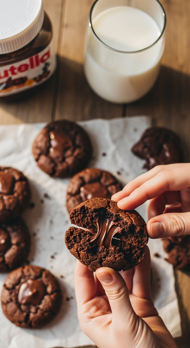 3-ingredient fudgy brownie cookie broken in half revealing gooey center with milk and Nutella