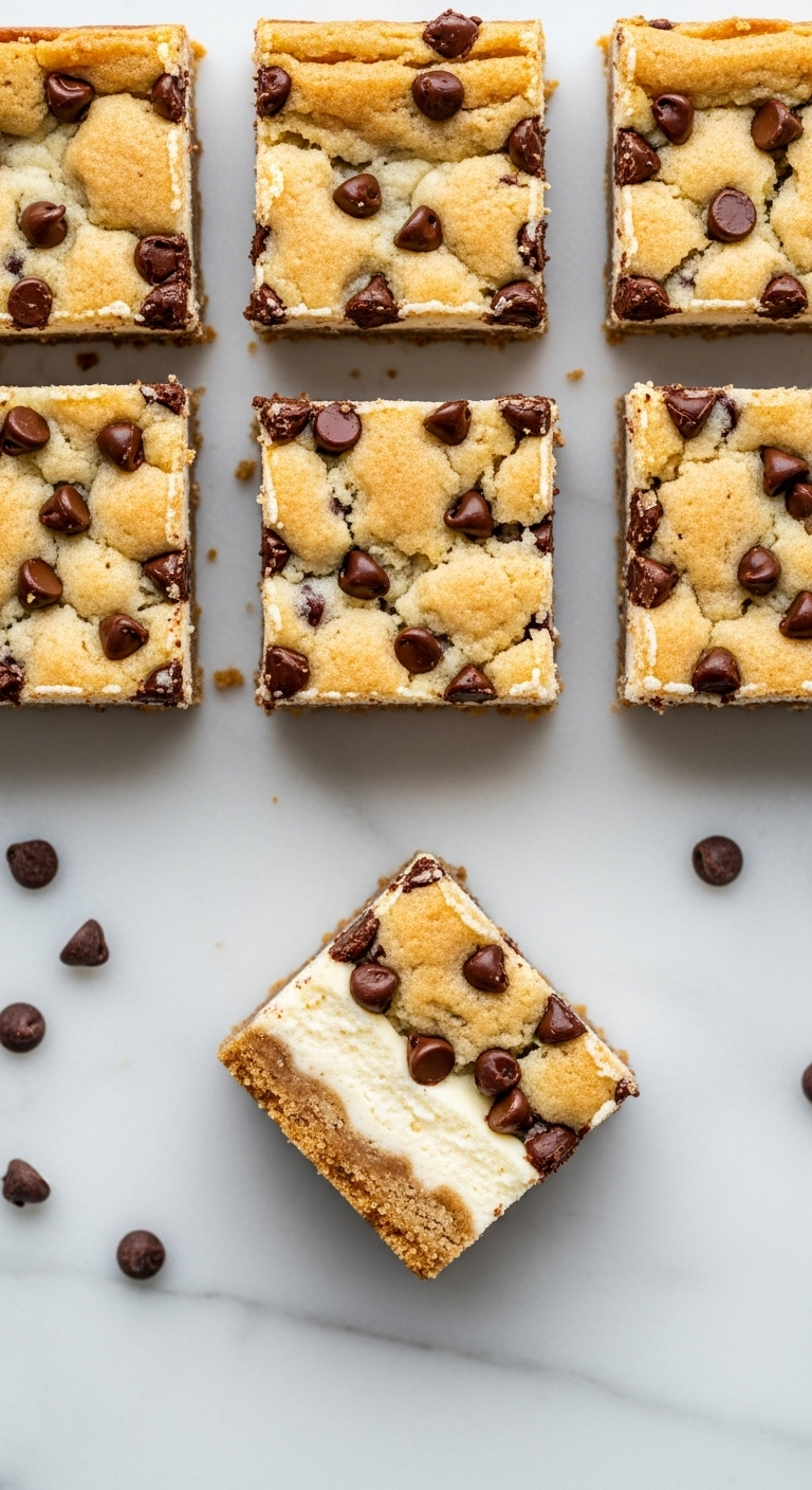 5-ingredient chocolate chip cheesecake bars with cookie crust and creamy filling