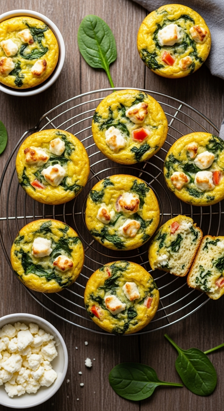 Freshly baked spinach and feta egg muffins cooling on a wire rack, with one muffin broken in half to show the fluffy interior, surrounded by feta and spinach leaves.