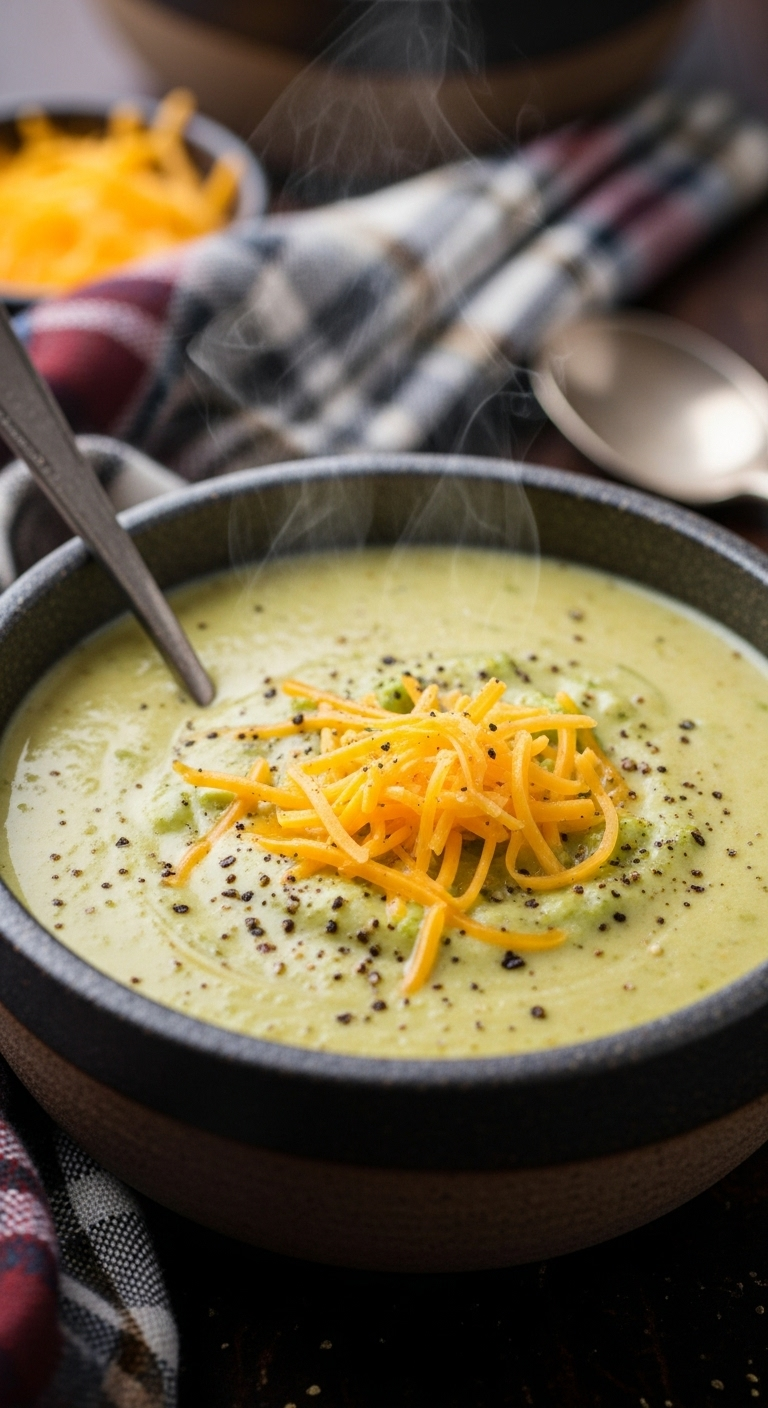 A rustic stoneware bowl filled with creamy broccoli cheddar soup, topped with extra shredded cheddar and black pepper, with steam rising, accompanied by a metal spoon and cozy plaid napkin.
