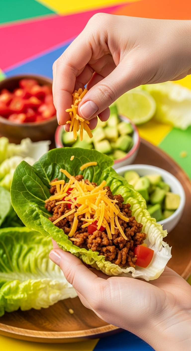 Hands assembling a taco lettuce wrap with seasoned ground beef and shredded cheddar, with small bowls of diced tomatoes and avocado in the background on a wooden platter.