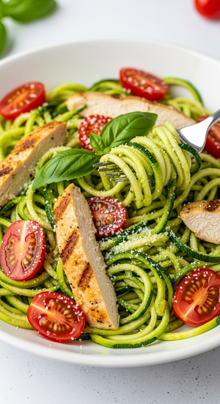 A shallow white bowl filled with pesto zucchini noodles, grilled chicken, halved cherry tomatoes, fresh basil, and parmesan, with a fork lifting some noodles to show texture.