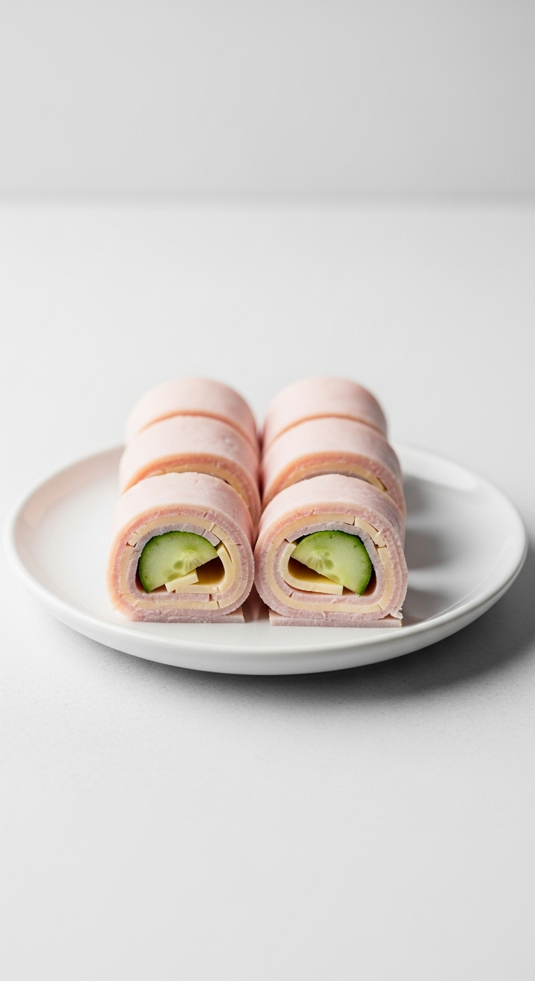 Four turkey and cheese roll-ups on a small white plate, one cut in half to reveal cucumber inside, arranged neatly with a clean, minimalist style.