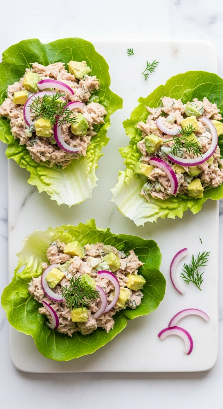 Crisp green lettuce cups filled with creamy tuna and avocado salad, garnished with dill, on a white marble board.