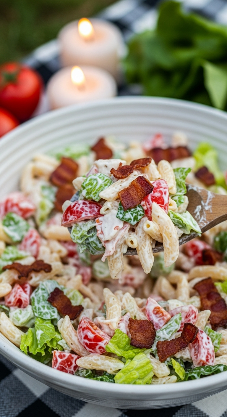Action shot of a wooden spoon scooping creamy BLT pasta salad with crispy bacon, tomatoes, and lettuce from a ceramic bowl, set on a cozy checkered picnic blanket in warm, rustic lighting.