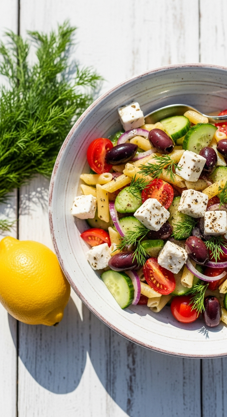 Vibrant Greek pasta salad with feta, olives, tomatoes, cucumber, and dill in a rustic white bowl, captured at a 45-degree angle on a white-washed wooden surface with bright, sun-drenched Greek island lighting.