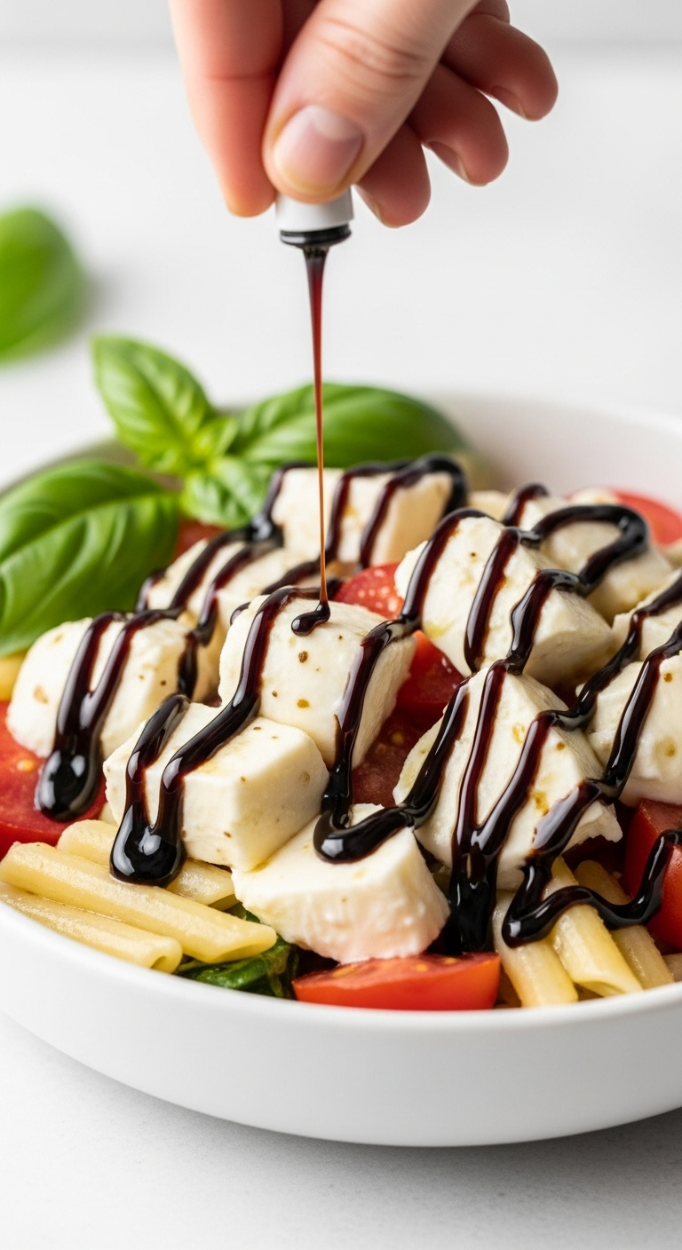 Close-up of Caprese pasta salad with mozzarella, tomatoes, and basil in a white bowl, as a hand drizzles thick balsamic glaze in a zig-zag pattern under bright, natural light.