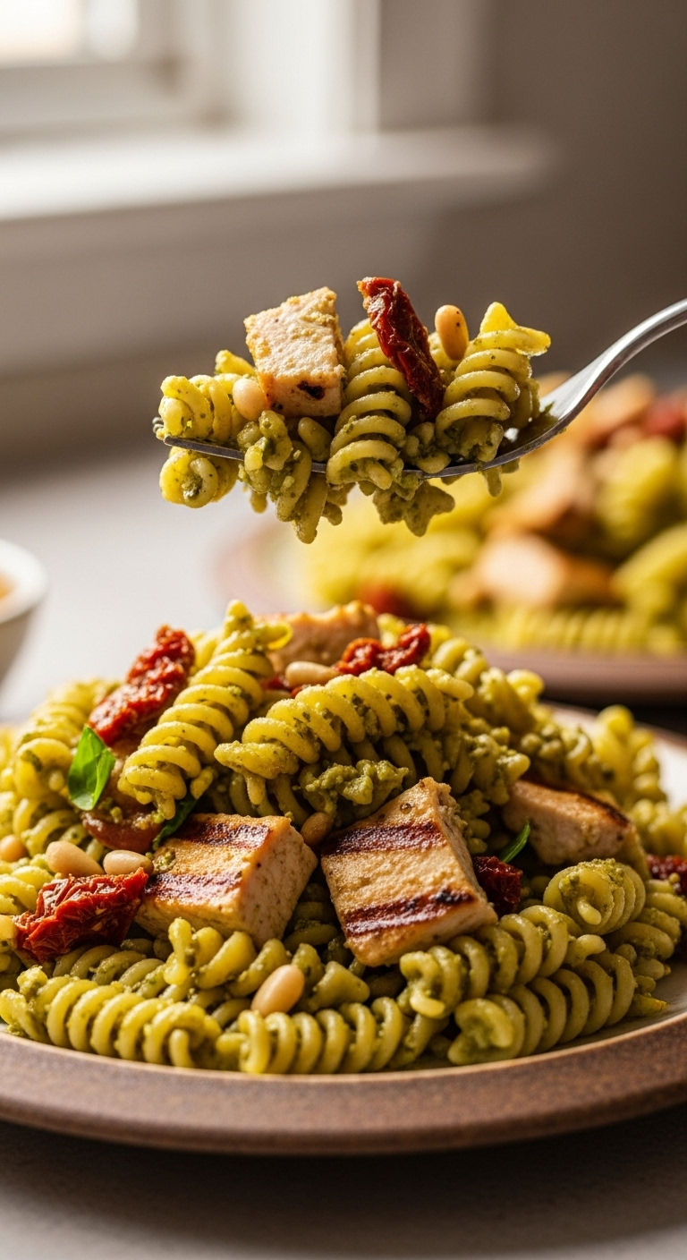 Fork lifting a bite of pesto chicken pasta salad with fusilli, grilled chicken, sun-dried tomatoes, and toasted pine nuts from a rustic plate in warm, soft afternoon kitchen light.