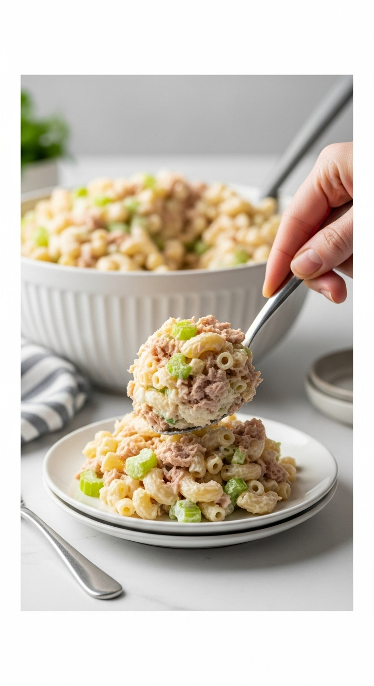 Scoop of classic tuna macaroni salad with creamy pasta, celery, and tuna being served onto a small plate from a large bowl in bright, nostalgic kitchen lighting.